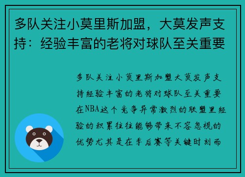多队关注小莫里斯加盟，大莫发声支持：经验丰富的老将对球队至关重要
