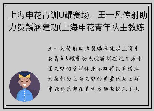 上海申花青训U耀赛场，王一凡传射助力贺麟涵建功(上海申花青年队主教练)
