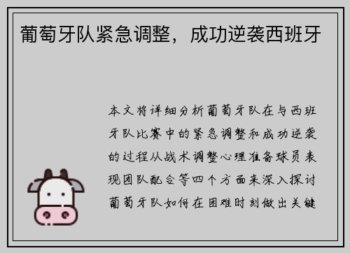 葡萄牙队紧急调整，成功逆袭西班牙
