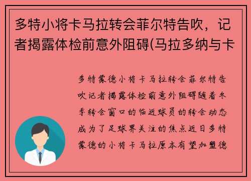 多特小将卡马拉转会菲尔特告吹，记者揭露体检前意外阻碍(马拉多纳与卡斯特罗友谊)