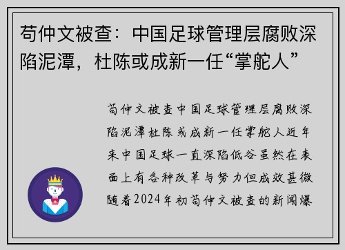 苟仲文被查：中国足球管理层腐败深陷泥潭，杜陈或成新一任“掌舵人”