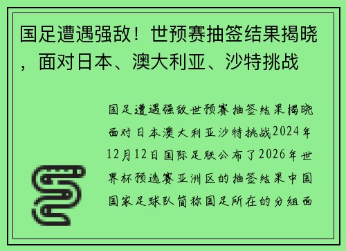 国足遭遇强敌！世预赛抽签结果揭晓，面对日本、澳大利亚、沙特挑战