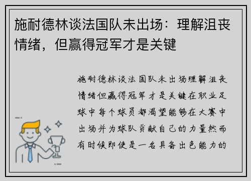 施耐德林谈法国队未出场：理解沮丧情绪，但赢得冠军才是关键