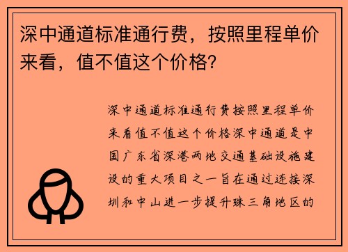 深中通道标准通行费，按照里程单价来看，值不值这个价格？