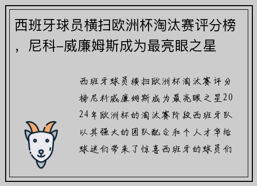 西班牙球员横扫欧洲杯淘汰赛评分榜，尼科-威廉姆斯成为最亮眼之星